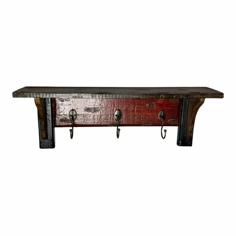 Cottagecore Rustic Distressed Red and Green Wall Shelf with Coat Hooks
